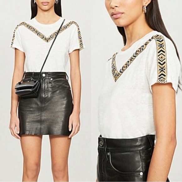 MAJE Toblo Embroidered-trim Linen T-shirt In Ecru medium - Picture 1 of 12